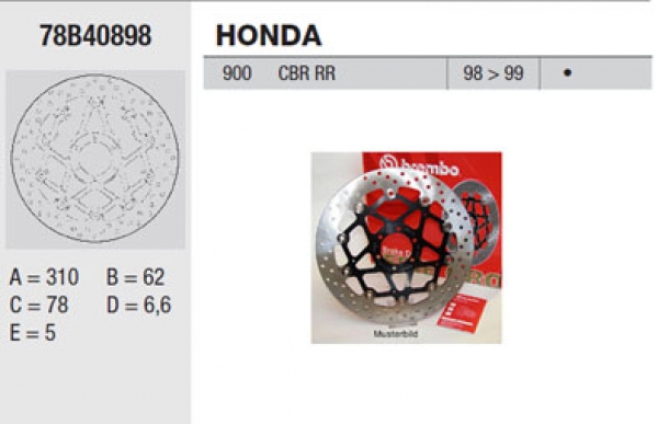 Bremsscheibe 310mm , Honda CBR900RR 98-99 ,  (Maße: 310 / 62 / 78 / 6-Loch).